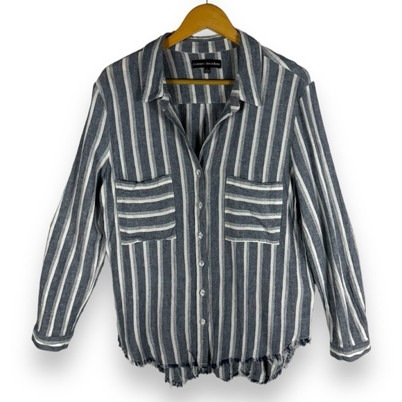 Catherine Malandrino Linen Blend Raw Hem Button Up Top, Blue/White Stripe, Large - Picture 2 of 11